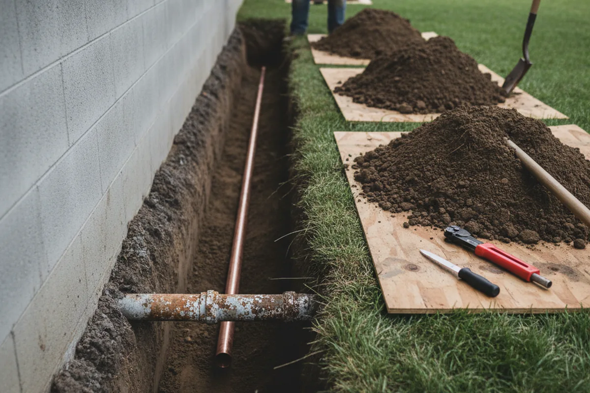 Excavated water line trench during Sewer Line Repair in Otto